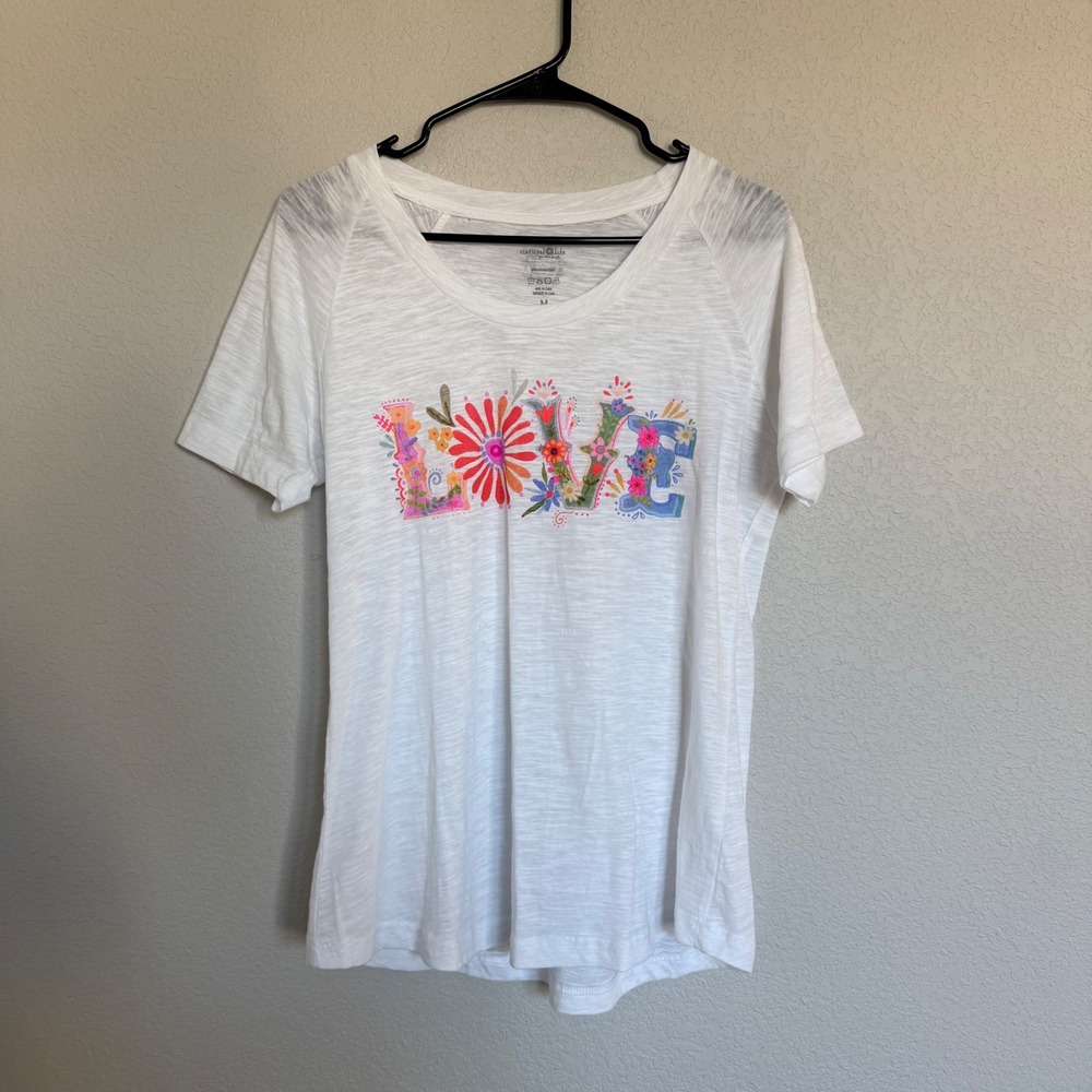 Natural Life Womens White Floral Love Graphic Slub Knit T-Shirt Size Medium